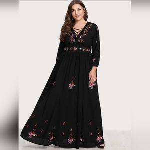 SHEIN Plus Lace Up Front Floral Embroidered MaxiDress 1xl NWOT